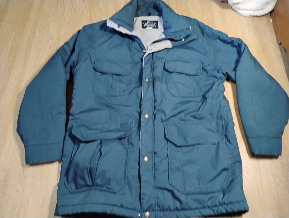 Vintage WOOLRICH Men's Size Medium Blue Removable-Hood Cotton/Poly Wool Coat